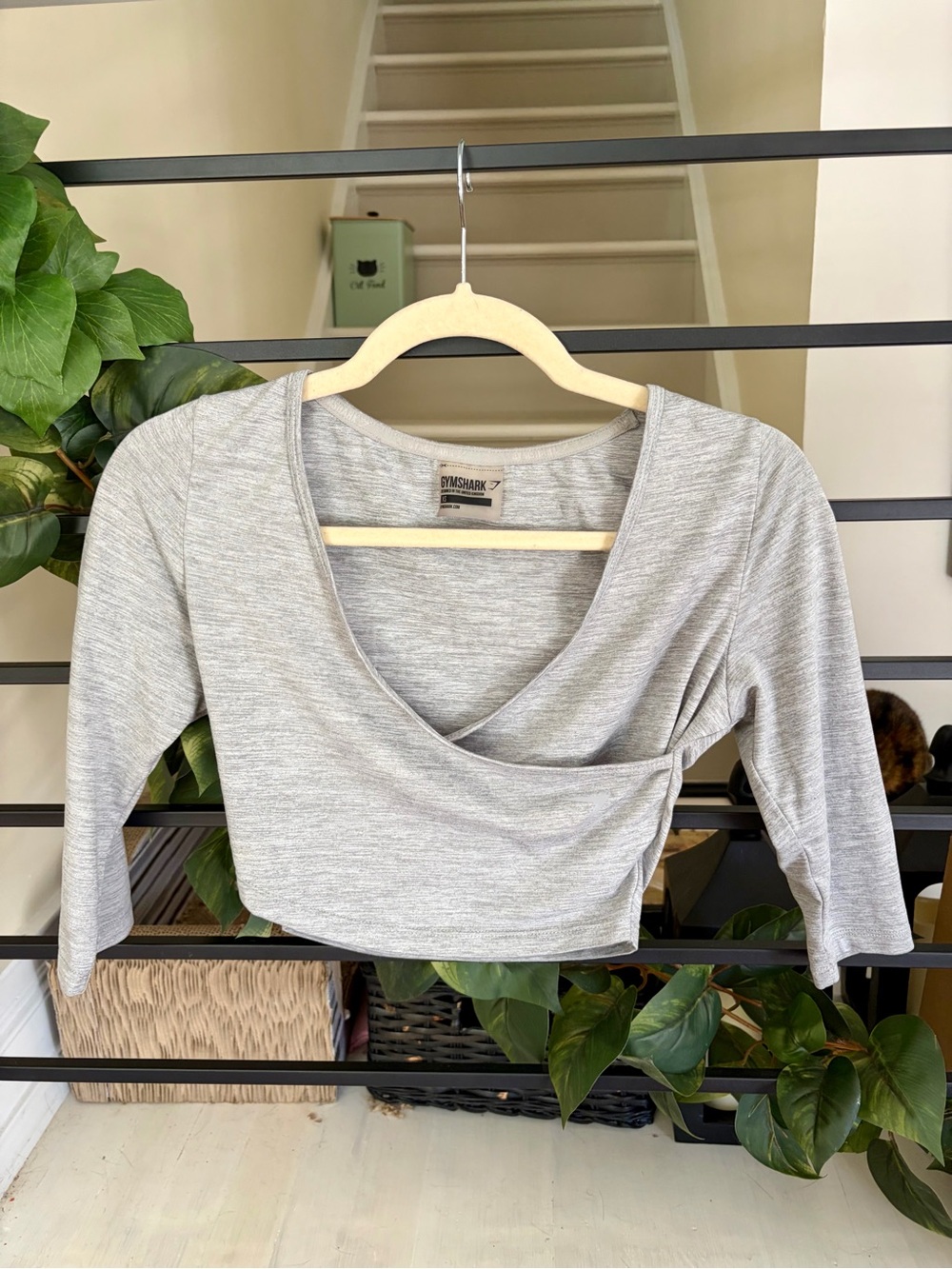 Gymshark Gray Long Sleeve Wrap Crop Top XS Open Back Yoga Activewear